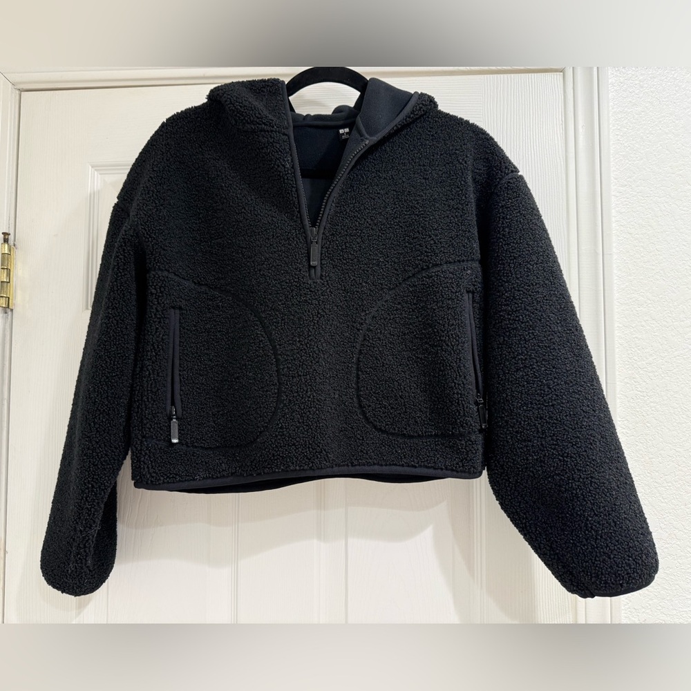 Uniqlo Sherpa Fleece Crop Hoodie Jacket Women’s S Black Pullover